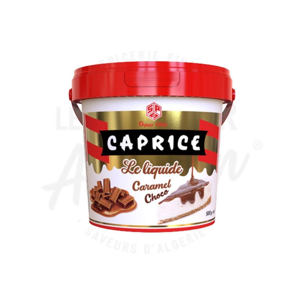 Coulis liquide CAPRICE caramel et chocolat en pot de 500 grammes.